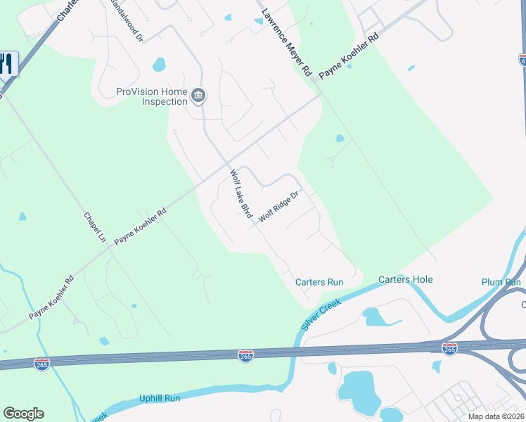 map of restaurants, bars, coffee shops, grocery stores, and more near 3047 Wolf Lake Boulevard in New Albany