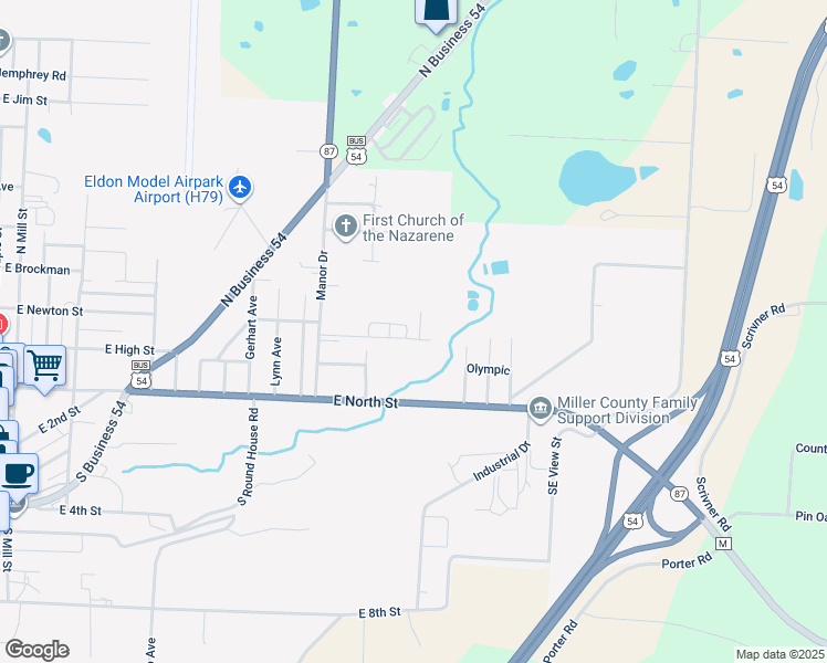 map of restaurants, bars, coffee shops, grocery stores, and more near 1509-15009 Jones Avenue in Eldon