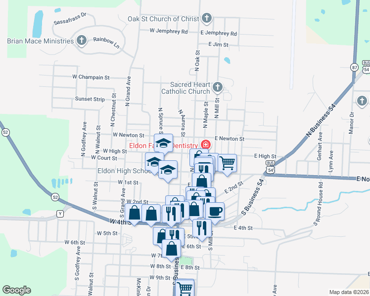 map of restaurants, bars, coffee shops, grocery stores, and more near 107 West High Street in Eldon