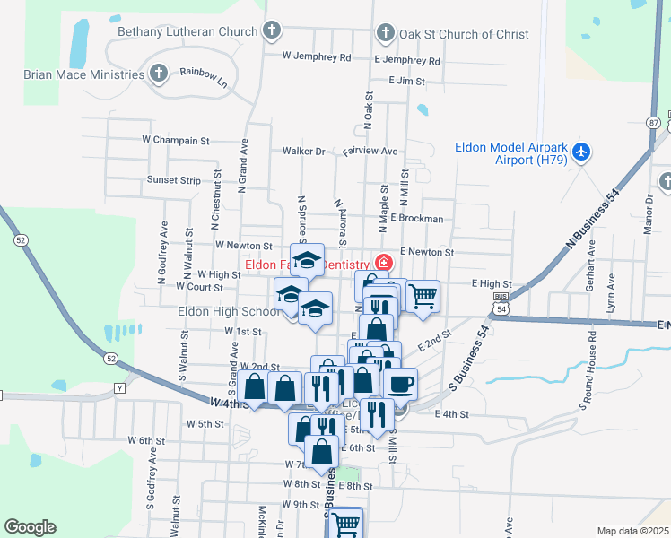 map of restaurants, bars, coffee shops, grocery stores, and more near 107 West High Street in Eldon