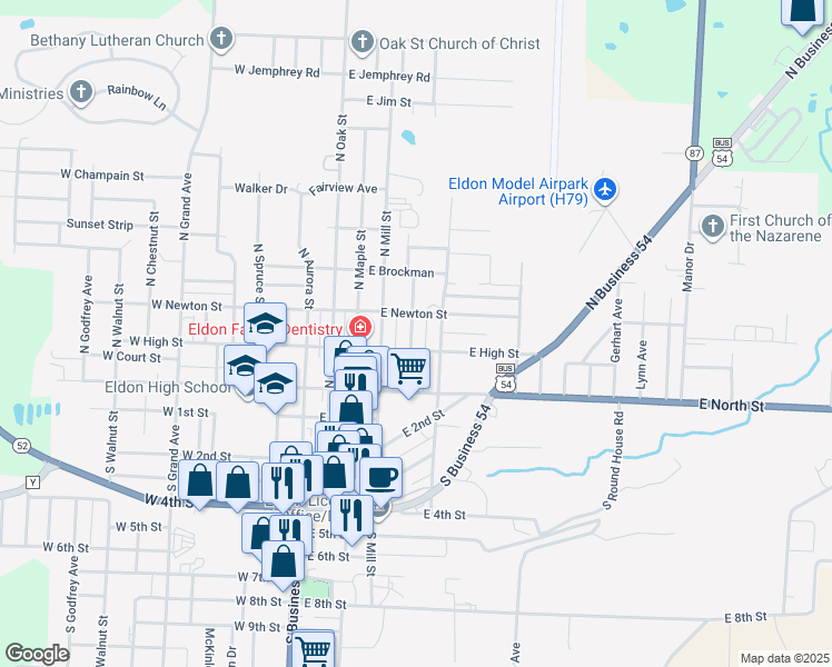 map of restaurants, bars, coffee shops, grocery stores, and more near 200 North Leeds Avenue in Eldon