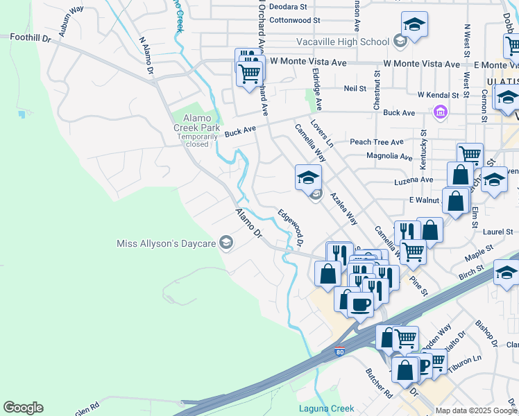 map of restaurants, bars, coffee shops, grocery stores, and more near in Vacaville