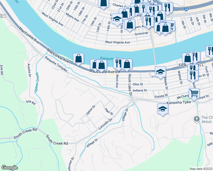 map of restaurants, bars, coffee shops, grocery stores, and more near 5425 Roxbury Street in South Charleston