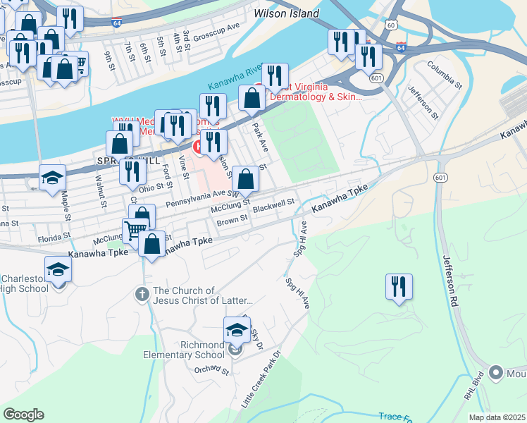 map of restaurants, bars, coffee shops, grocery stores, and more near 4411 Blackwell Street in South Charleston