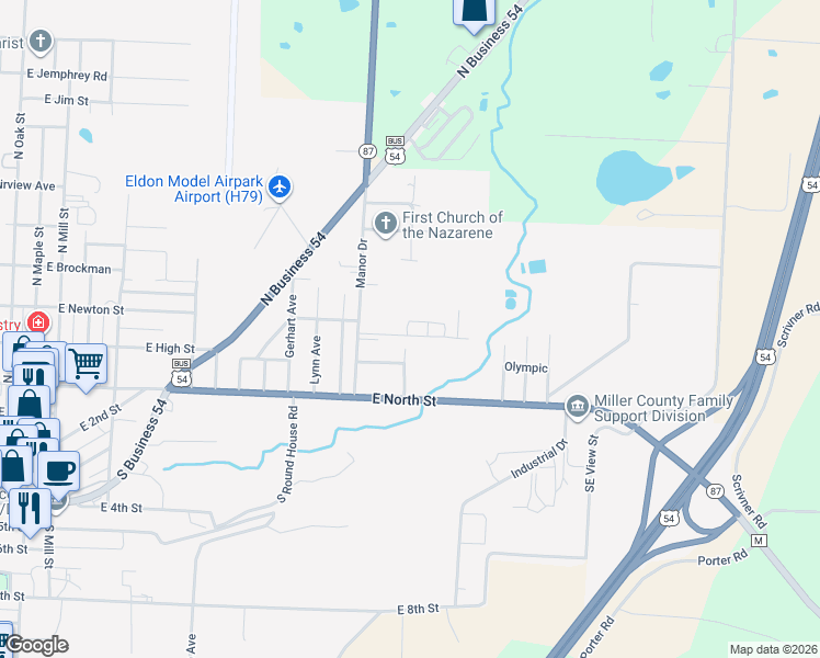 map of restaurants, bars, coffee shops, grocery stores, and more near 1101 Jones Avenue in Eldon