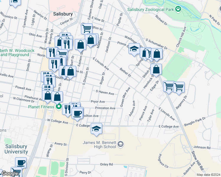 map of restaurants, bars, coffee shops, grocery stores, and more near 830 Springfield Circle in Salisbury