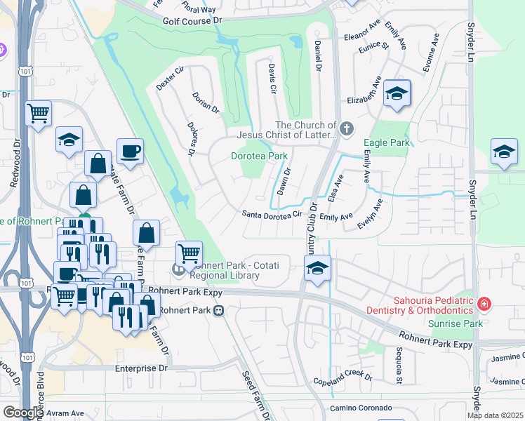 map of restaurants, bars, coffee shops, grocery stores, and more near 827 Santa Dorotea Cir in Rohnert Park