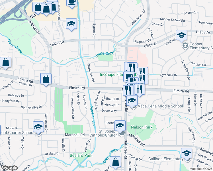map of restaurants, bars, coffee shops, grocery stores, and more near 166 Saybrook Avenue in Vacaville