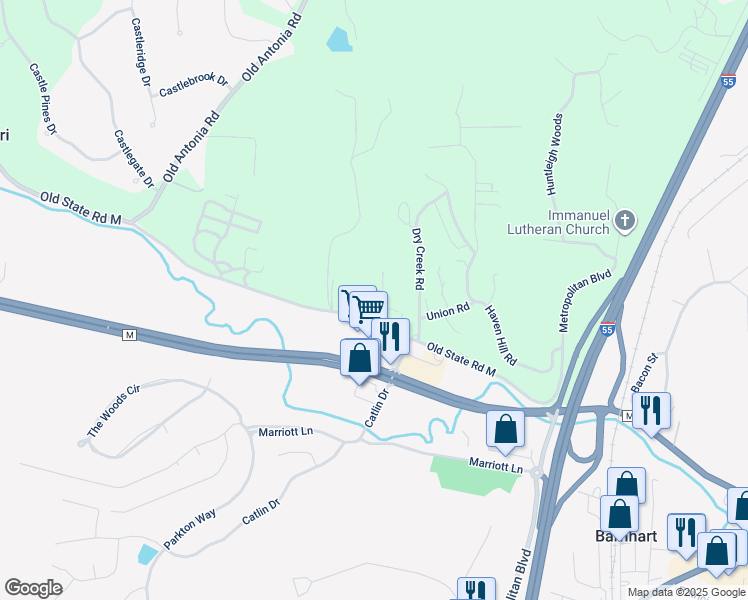 map of restaurants, bars, coffee shops, grocery stores, and more near 1735 Old State Road M in Barnhart