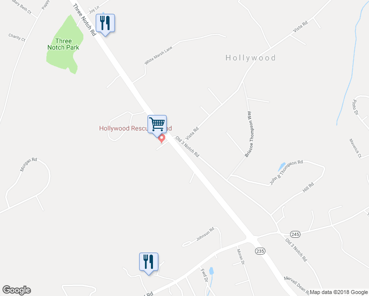 map of restaurants, bars, coffee shops, grocery stores, and more near 24920 Three Notch Road in Hollywood