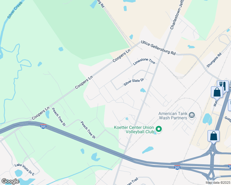 map of restaurants, bars, coffee shops, grocery stores, and more near 4158 Silver Slate Drive in Jeffersonville