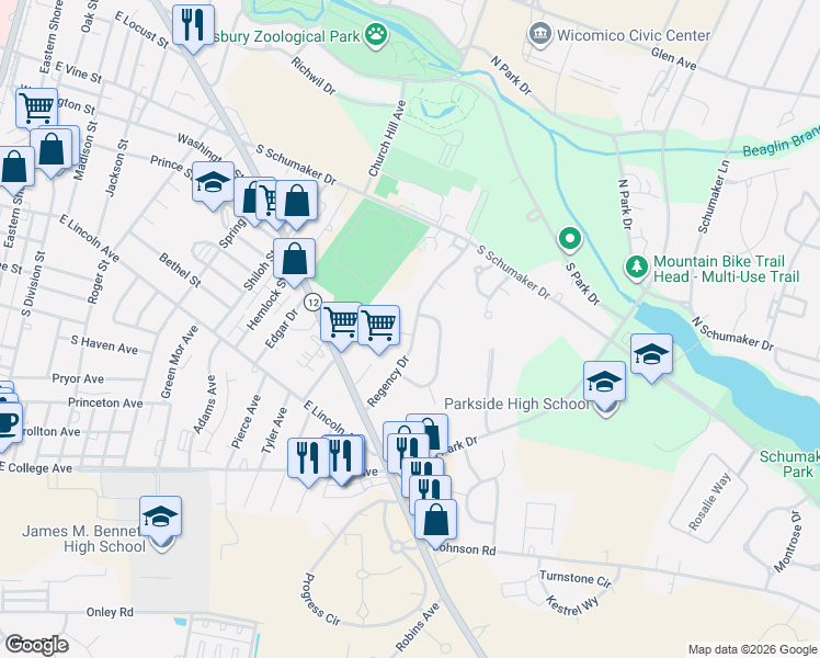 map of restaurants, bars, coffee shops, grocery stores, and more near 703 Gladstone Circle in Salisbury