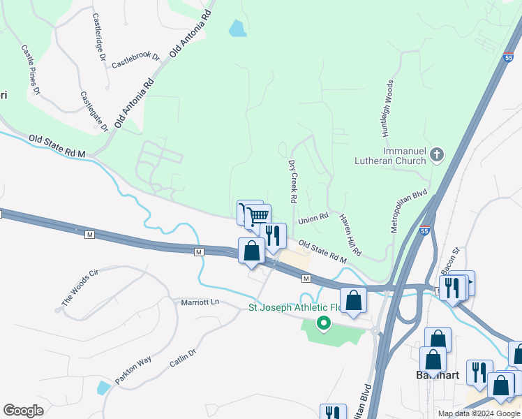 map of restaurants, bars, coffee shops, grocery stores, and more near 1735 Old State Road M in Barnhart