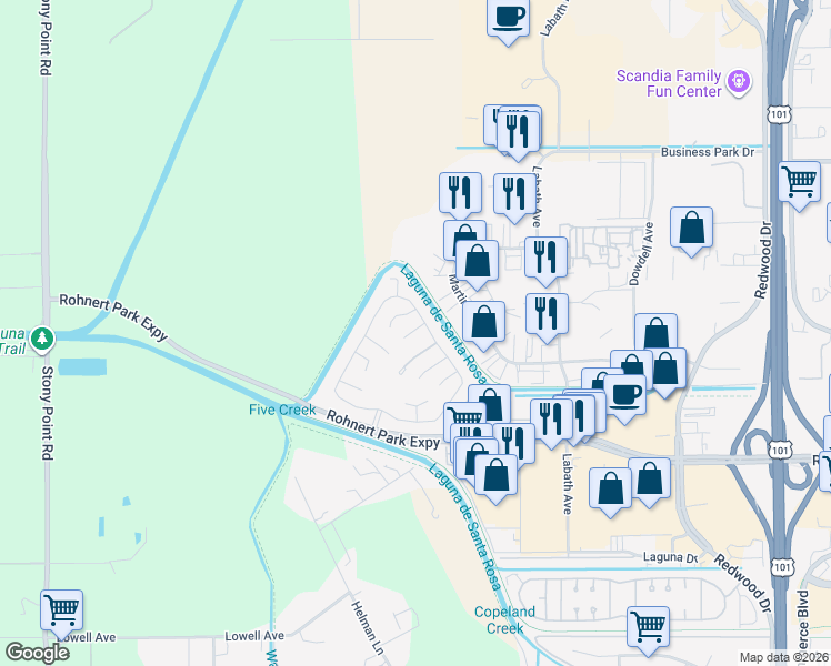 map of restaurants, bars, coffee shops, grocery stores, and more near 507 Corte Naranja in Rohnert Park