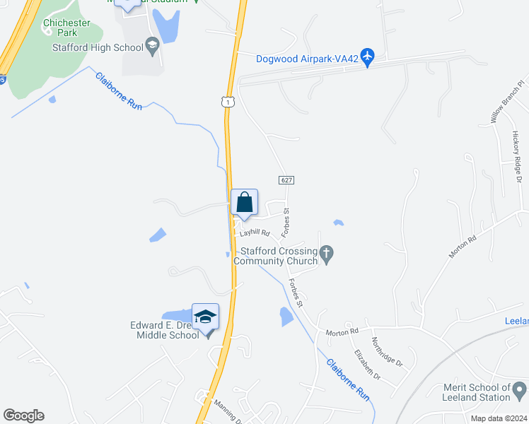 map of restaurants, bars, coffee shops, grocery stores, and more near 406 Windsor Ridge Court in Fredericksburg