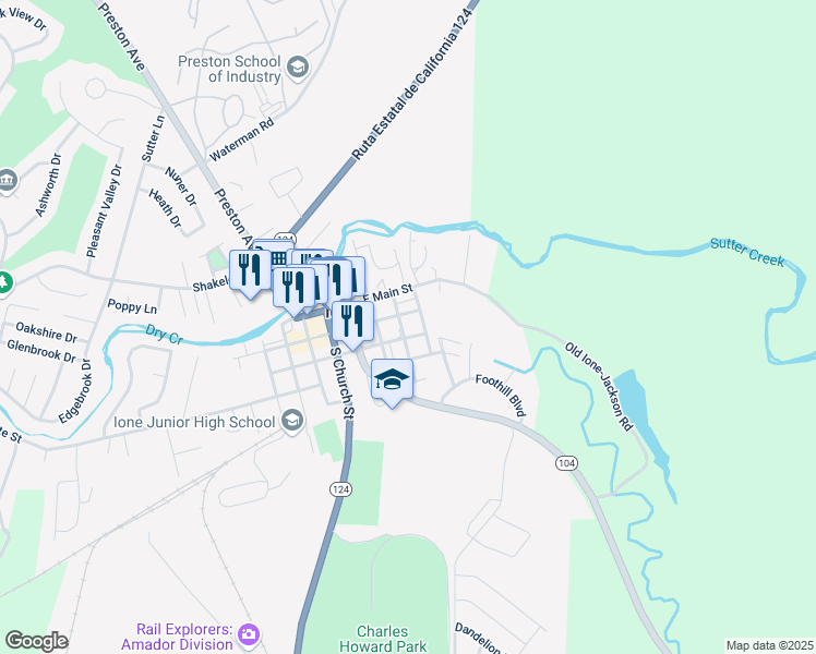 map of restaurants, bars, coffee shops, grocery stores, and more near 118 South Amador Street in Ione