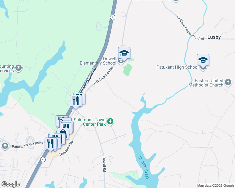 map of restaurants, bars, coffee shops, grocery stores, and more near 12814 H G Trueman Road in Lusby