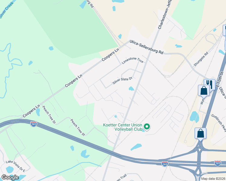 map of restaurants, bars, coffee shops, grocery stores, and more near 4160 Silver Slate Drive in Jeffersonville