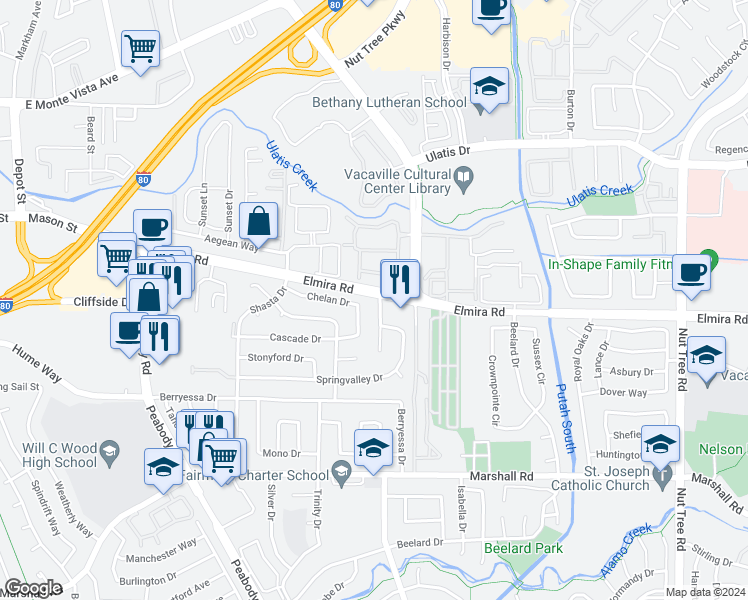 map of restaurants, bars, coffee shops, grocery stores, and more near 101 Santana Drive in Vacaville