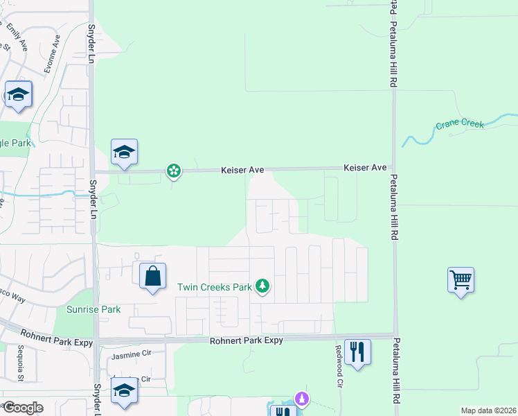 map of restaurants, bars, coffee shops, grocery stores, and more near 1651 Petaluma Hill Road in Santa Rosa