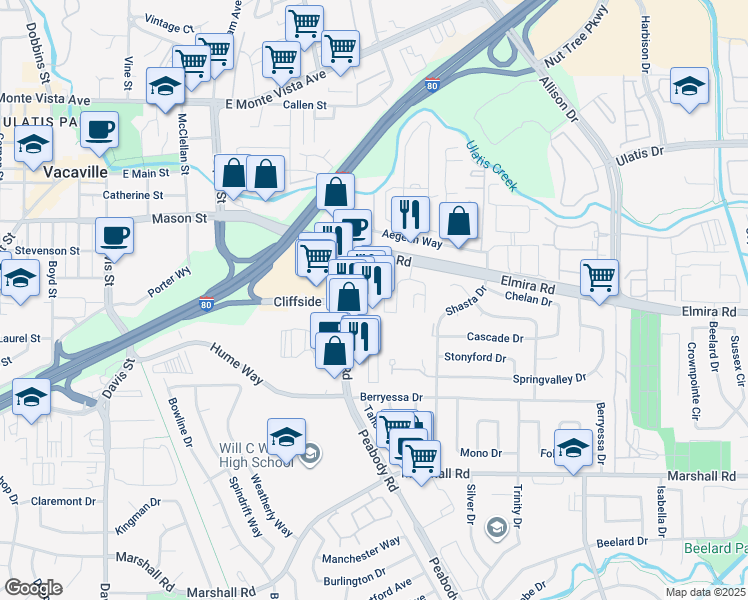 map of restaurants, bars, coffee shops, grocery stores, and more near 151 Peabody Road in Vacaville
