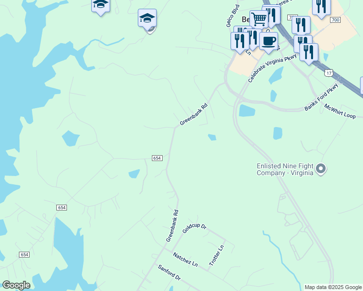map of restaurants, bars, coffee shops, grocery stores, and more near 173 Greenbank Road in Fredericksburg