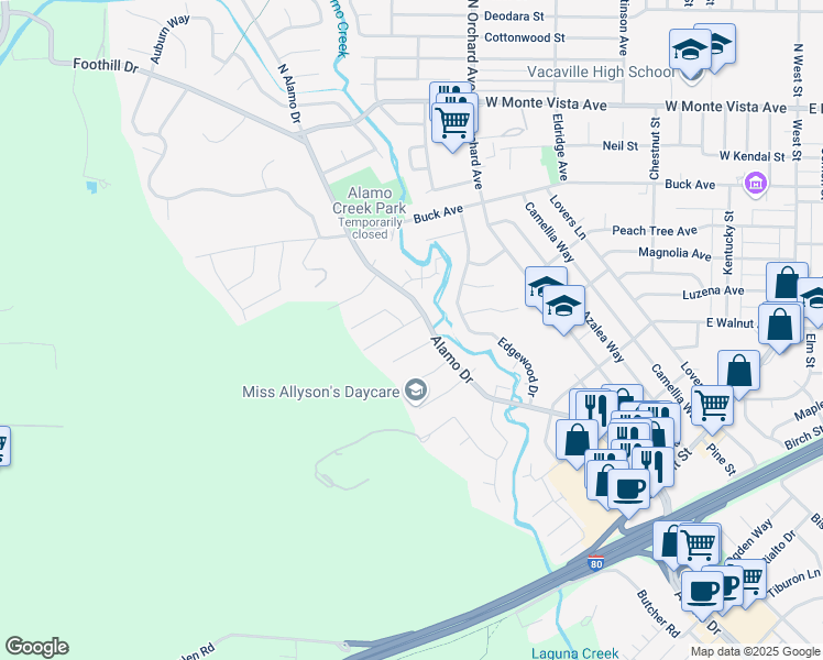 map of restaurants, bars, coffee shops, grocery stores, and more near 489 Oak View Drive in Vacaville