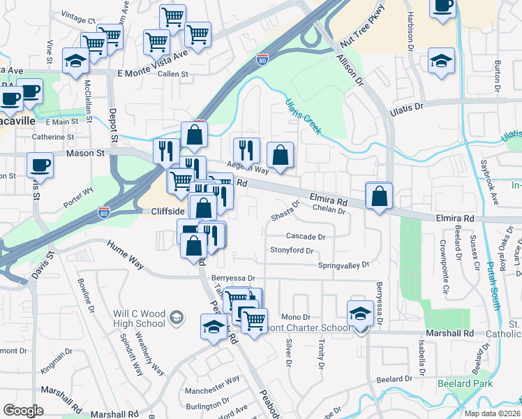 map of restaurants, bars, coffee shops, grocery stores, and more near 146 Del Rio Court in Vacaville