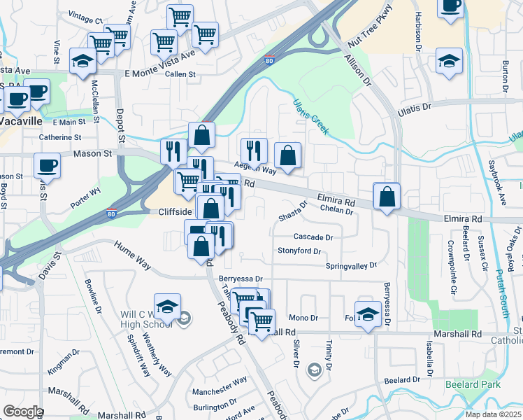 map of restaurants, bars, coffee shops, grocery stores, and more near 146 Del Rio Court in Vacaville