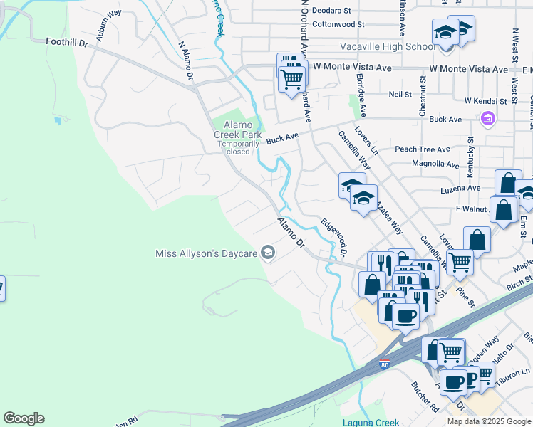map of restaurants, bars, coffee shops, grocery stores, and more near 489 Oak View Drive in Vacaville