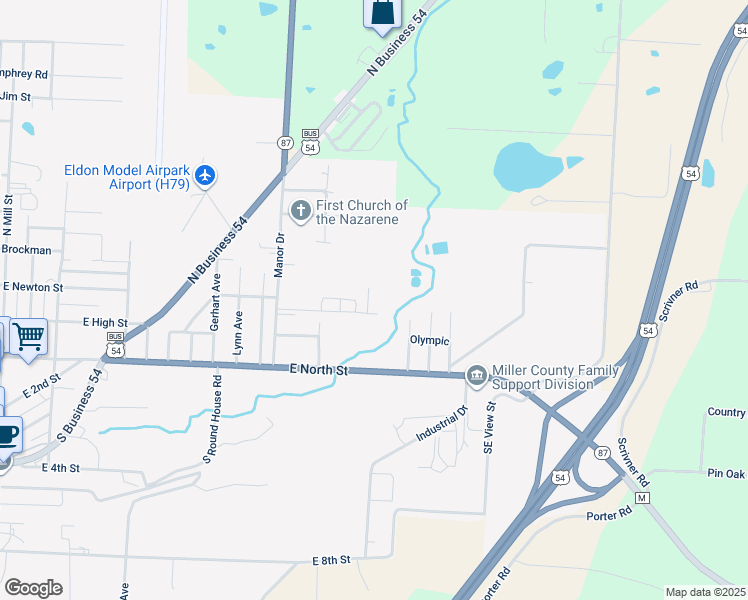 map of restaurants, bars, coffee shops, grocery stores, and more near 1205 Jones Avenue in Eldon