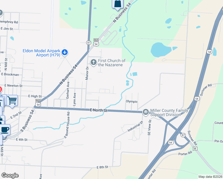 map of restaurants, bars, coffee shops, grocery stores, and more near 1509-15009 Jones Avenue in Eldon