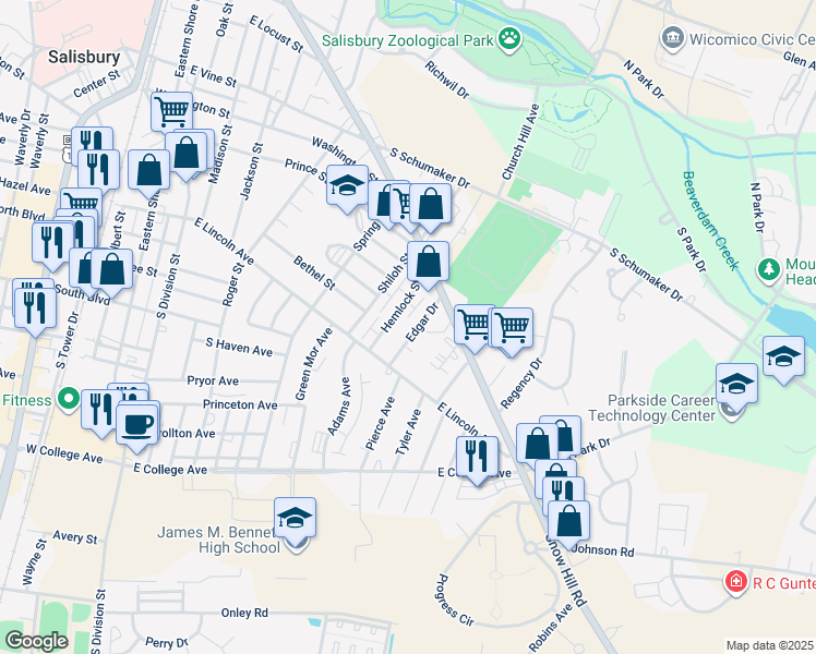 map of restaurants, bars, coffee shops, grocery stores, and more near 716 Edgar Drive in Salisbury