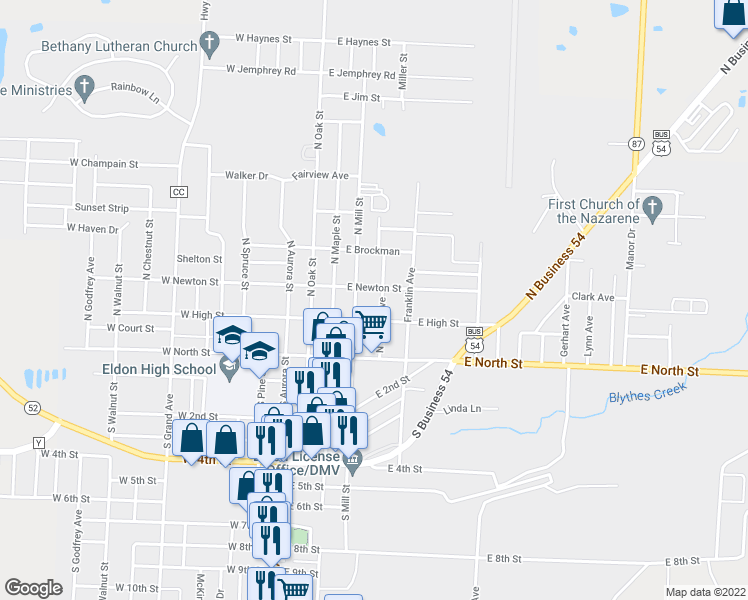 map of restaurants, bars, coffee shops, grocery stores, and more near 200-298 North Leeds in Eldon