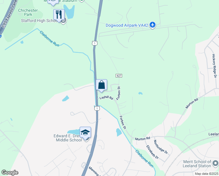map of restaurants, bars, coffee shops, grocery stores, and more near 402 Windsor Ridge Court in Fredericksburg