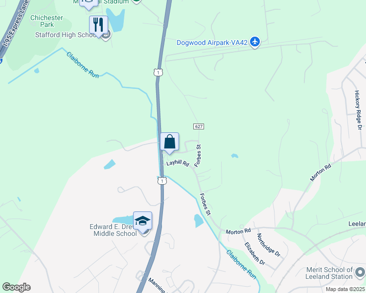 map of restaurants, bars, coffee shops, grocery stores, and more near 402 Windsor Ridge Court in Fredericksburg