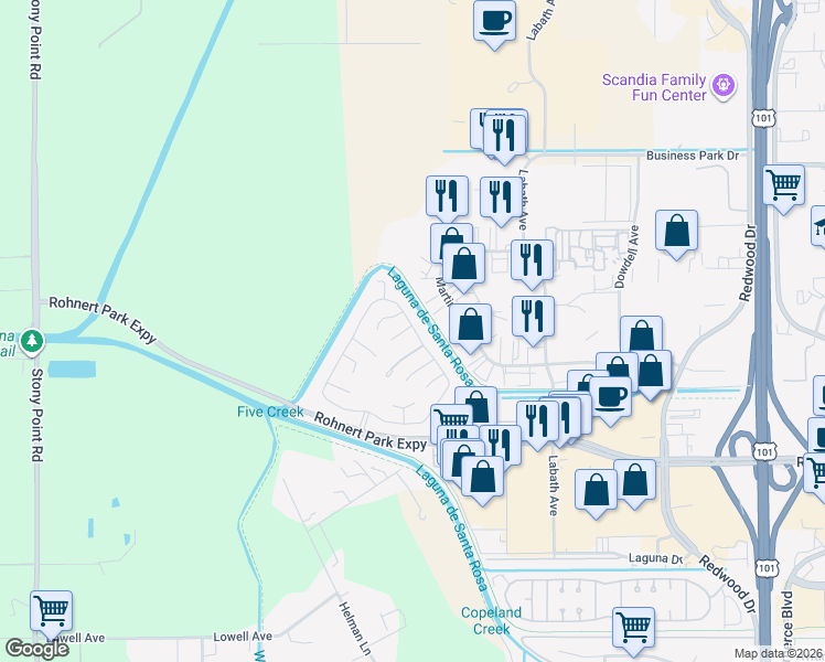 map of restaurants, bars, coffee shops, grocery stores, and more near 507 Corte Naranja in Rohnert Park