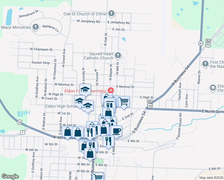 map of restaurants, bars, coffee shops, grocery stores, and more near 205 North Mill Street in Eldon