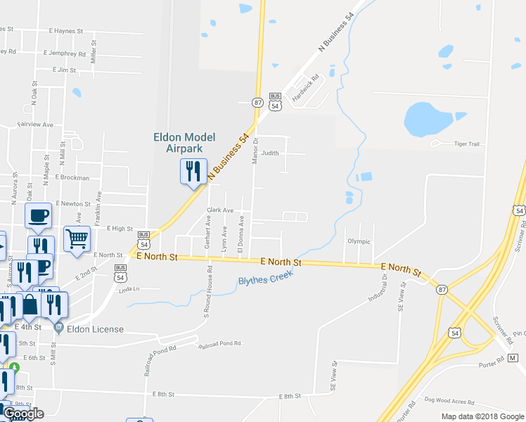 map of restaurants, bars, coffee shops, grocery stores, and more near 1205 Jones Avenue in Eldon