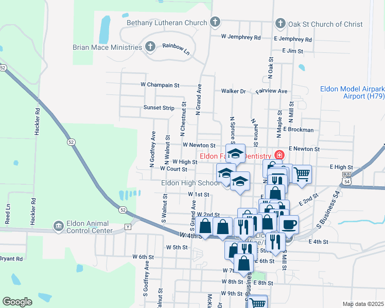 map of restaurants, bars, coffee shops, grocery stores, and more near 205 North Grand Avenue in Eldon