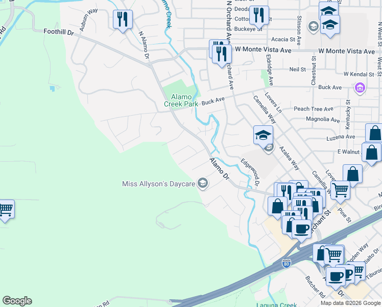 map of restaurants, bars, coffee shops, grocery stores, and more near 421 Sandstone Drive in Vacaville