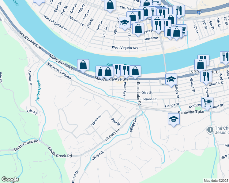 map of restaurants, bars, coffee shops, grocery stores, and more near 5425 Roxbury Street in South Charleston