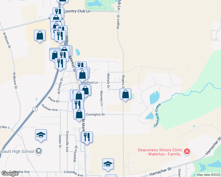 map of restaurants, bars, coffee shops, grocery stores, and more near 703 Mahala Drive in Waterloo