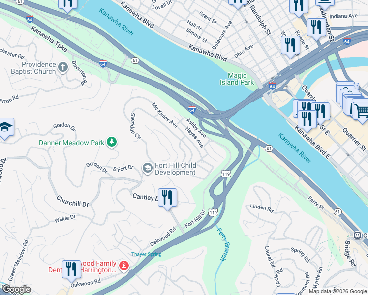 map of restaurants, bars, coffee shops, grocery stores, and more near 353-499 Mountview Drive in Charleston