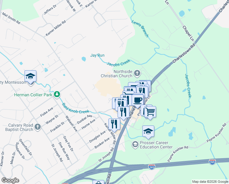 map of restaurants, bars, coffee shops, grocery stores, and more near 4000 Discovery Court in New Albany