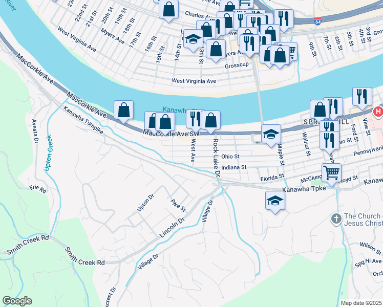 map of restaurants, bars, coffee shops, grocery stores, and more near 5402 1/2 Alley in South Charleston