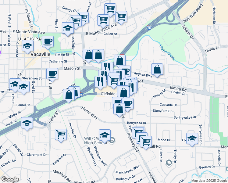 map of restaurants, bars, coffee shops, grocery stores, and more near 118 Peabody Road in Vacaville
