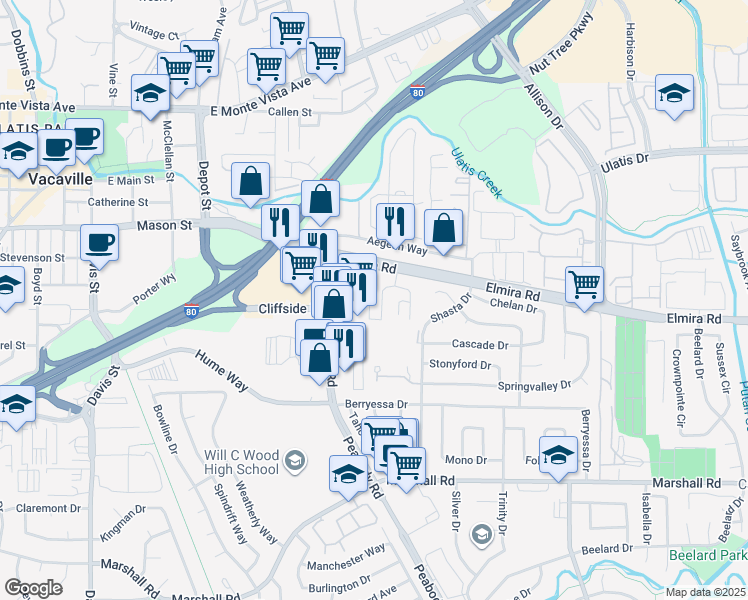 map of restaurants, bars, coffee shops, grocery stores, and more near 141 Del Rio Circle in Vacaville