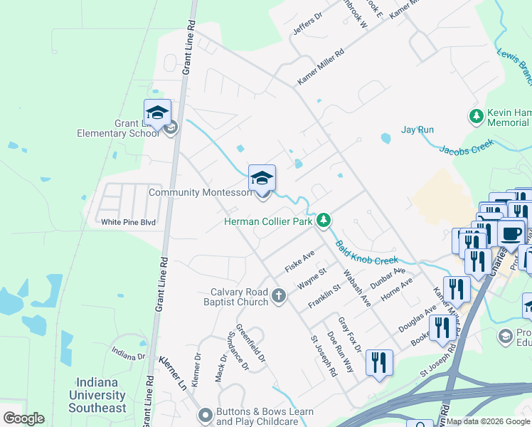 map of restaurants, bars, coffee shops, grocery stores, and more near 3821 Homestead Drive in New Albany