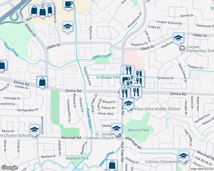 map of restaurants, bars, coffee shops, grocery stores, and more near 166 Saybrook Avenue in Vacaville
